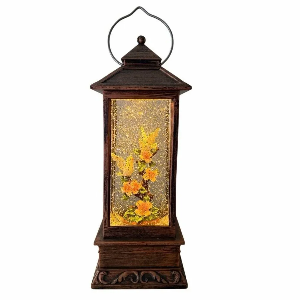 Textured Bronze Lantern Doves on Branch LED Metal Tabletop Christmas Water Snow